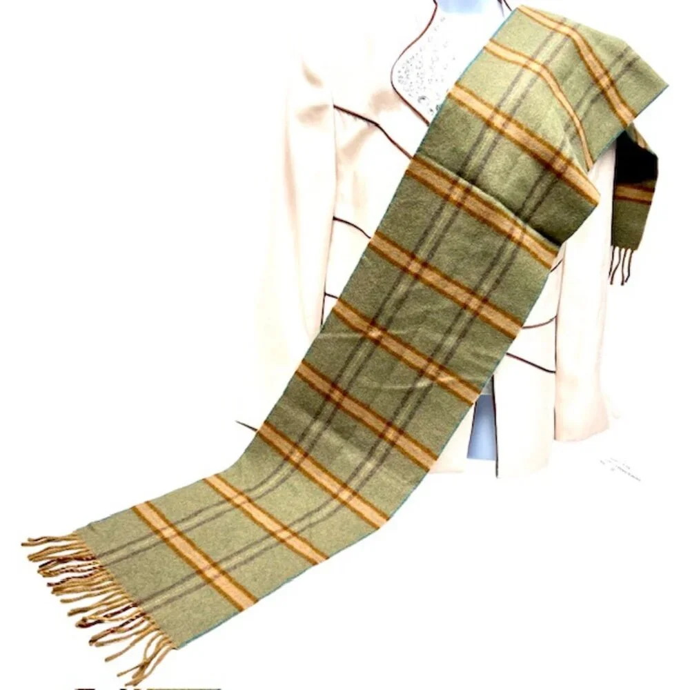 Men-Women Burberry Of London  Scarf 100% Wool Olive Beige Plaid Fringe66